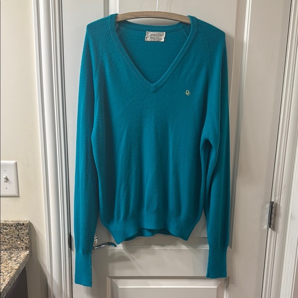 Christian Dior V-Neck Pullover Orlon Acrylic Sweater in Teal Turquoise Size S - Picture 1 of 6